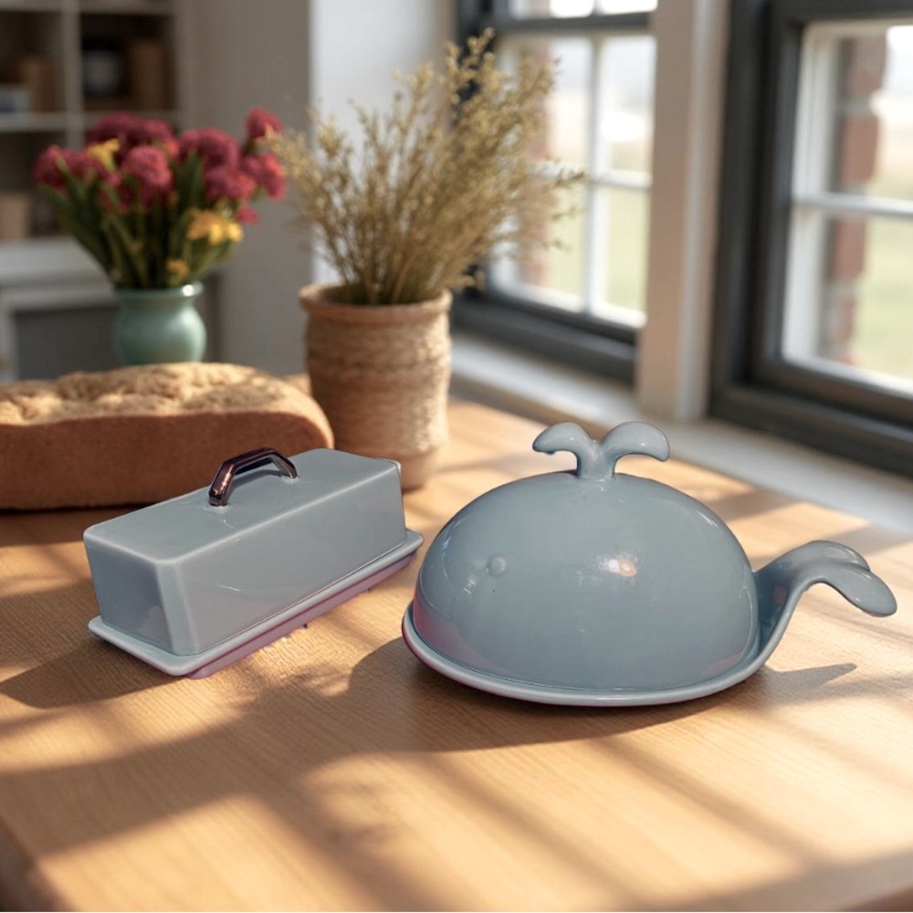 Sweese Pre-Owned Light Green & Gold Ceramic Whale & Rectangular Butter Dishes